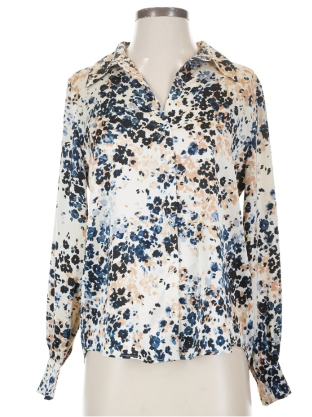 WHBM Floral cream, beige, navy, light blue button up blouse